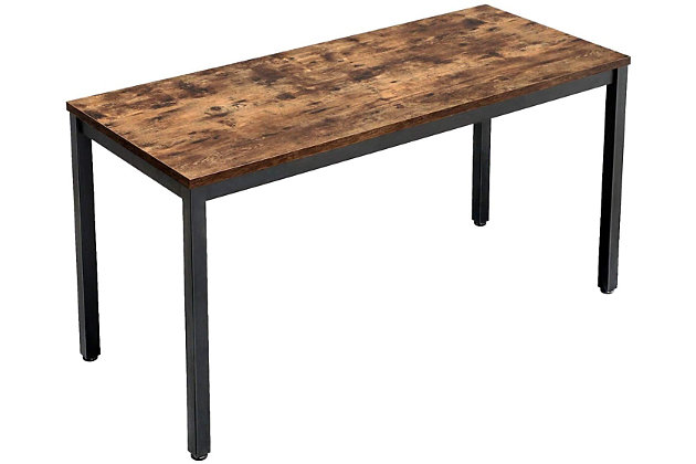 Combining robust materials with a clean, no-frills aesthetic, this 55" writing/computer desk makes working hard look easy. Designed for those with an eye for urban industrial and modern rustic furnishings, this simply chic, high-quality desk works on so many levels and can fit right into the scene. With a weight capacity of up to 110 pounds, it’s plenty sturdy—offering room for a printer, reading lamp, stack of books and more. Be it for encouraging kids to knuckle down with their homework or knocking out that stack of bills or thank-you notes, this writing desk gets the job done.Made of engineered wood with rustic brown finish | Black steel frame | Holds up to 110 pounds | Includes leveling feet for stability | Assembly required