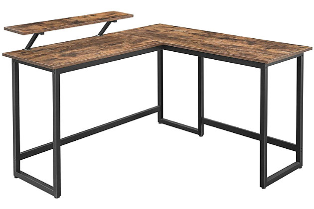 Combining robust materials with a clean, no-frills aesthetic, this L-shaped corner desk with monitor stand makes working hard look easy. Designed for those with an eye for urban industrial and modern rustic furnishings, this simply chic, high-quality desk works on so many levels and can fit right into the scene. With a weight capacity of up to 110 pounds, it’s plenty sturdy—offering room for a printer, reading lamp, stack of books and more. Even better, the monitor stand can be mounted anywhere along the edge of the desk top to suit your space.Made of engineered wood with rustic brown finish | Black steel frame | Monitor stand can be mounted anywhere along the edge of the desk | Holds up to 110 pounds | Assembly required