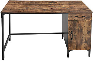 Combining robust materials with a clean, no-frills aesthetic, this computer desk makes working hard look easy. Designed for those with an eye for urban industrial and modern rustic furnishings, this simply chic, high-quality desk works on so many levels and can fit right into the scene. With a weight capacity of up to 110 pounds, it’s plenty sturdy—offering room for a printer, reading lamp, stack of books and more. A supply drawer and roomy cupboard help keep the desk top free from clutter.Made of engineered wood with rustic brown finish | Black steel frame | Storage drawer and cupboard | Holds up to 110 pounds | Assembly required
