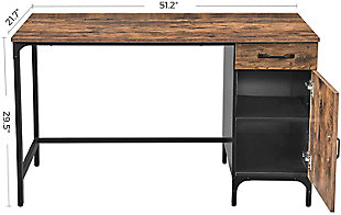 Combining robust materials with a clean, no-frills aesthetic, this computer desk makes working hard look easy. Designed for those with an eye for urban industrial and modern rustic furnishings, this simply chic, high-quality desk works on so many levels and can fit right into the scene. With a weight capacity of up to 110 pounds, it’s plenty sturdy—offering room for a printer, reading lamp, stack of books and more. A supply drawer and roomy cupboard help keep the desk top free from clutter.Made of engineered wood with rustic brown finish | Black steel frame | Storage drawer and cupboard | Holds up to 110 pounds | Assembly required
