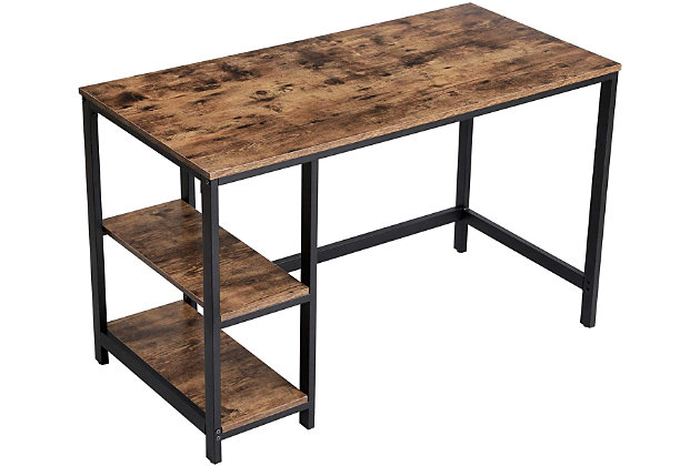 Combining robust materials with a clean, no-frills aesthetic, this laptop desk makes working hard look easy. Designed for those with an eye for urban industrial and modern rustic furnishings, this simply chic, high-quality desk works on so many levels and can fit right into the scene. Perfect for books and storage baskets, the desk's two open shelves keep the surface space free from clutter.Made of engineered wood with rustic brown finish | Black steel frame | 2 built-in shelves | Includes leveling feet for stability | Assembly required
