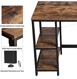 Combining robust materials with a clean, no-frills aesthetic, this laptop desk makes working hard look easy. Designed for those with an eye for urban industrial and modern rustic furnishings, this simply chic, high-quality desk works on so many levels and can fit right into the scene. Perfect for books and storage baskets, the desk's two open shelves keep the surface space free from clutter.Made of engineered wood with rustic brown finish | Black steel frame | 2 built-in shelves | Includes leveling feet for stability | Assembly required
