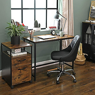 Combining robust materials with a clean, no-frills aesthetic, this 39" writing/computer desk makes working hard look easy. Designed for those with an eye for urban industrial and modern rustic furnishings, this simply chic, high-quality desk works on so many levels and can fit right into the scene. With a weight capacity of up to 110 pounds, it’s plenty sturdy—offering room for a printer, reading lamp, stack of books and more. Be it for encouraging kids to knuckle down with their homework or knocking out that stack of bills or thank-you notes, this writing desk gets the job done.Made of engineered wood with rustic brown finish | Black steel frame | Includes leveling feet for stability | Holds up to 110 pounds | Assembly required