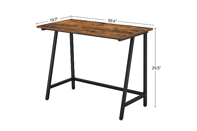Combining robust materials with a clean, no-frills aesthetic, this writing/computer desk makes working hard look easy. Designed for those with an eye for urban industrial and modern rustic furnishings, this simply chic, high-quality desk works on so many levels and can fit right into the scene. With a weight capacity of up to 110 pounds, it’s plenty sturdy—offering room for a printer, reading lamp, stack of books and more. Be it for encouraging kids to knuckle down with their homework or knocking out that stack of bills or thank-you notes, this writing/computer desk gets the job done.Made of engineered wood with rustic brown finish | Black steel frame | Holds up to 110 pounds | Assembly required