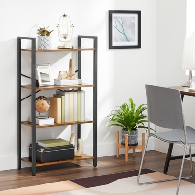 Wood Bookcase with Metal Frames, 4-Shelf Industrial Storage Shelf