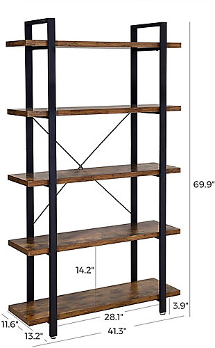 Raise your standard of living with this 5-tier industrial bookshelf. Combining robust materials with a clean, open-concept aesthetic, this bookshelf is designed for those with an eye for urban industrial and modern rustic furnishings. What a posh perch for reads, reference books, storage baskets and home accents.Black iron frame | 5 shelves/tiers made of engineered wood with rustic finish | Each shelf/tier holds up to 66 pounds | Assembly required
