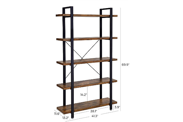 Raise your standard of living with this 5-tier industrial bookshelf. Combining robust materials with a clean, open-concept aesthetic, this bookshelf is designed for those with an eye for urban industrial and modern rustic furnishings. What a posh perch for reads, reference books, storage baskets and home accents.Black iron frame | 5 shelves/tiers made of engineered wood with rustic finish | Each shelf/tier holds up to 66 pounds | Assembly required