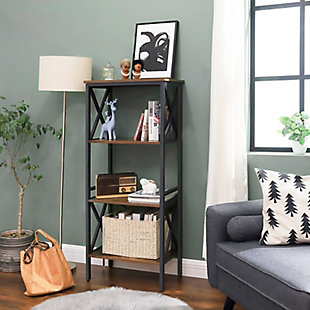 Raise your standard of living with this 3-tier bookshelf/rack. Combining robust materials with a clean, open-concept aesthetic, this bookshelf beautifully suits modern farmhouse, contemporary and industrial spaces. What a posh perch for reads, reference books, storage baskets and home accents.Matte black iron frame | 3 shelves/tiers and top level made of engineered wood with rustic finish | Each shelf/tier holds up to 22 pounds | Includes leveling feet for stability | Assembly required