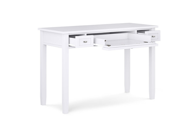 You don't have to avoid going to the office ever again. Enjoy comfortable computing and work from home or office with this Shaker-style desk. Its large surface area is ideal for accommodating a monitor, laptop or tablet, leaving enough room for paper, books and other writing accessories. The desk features a pull-out keyboard tray behind the flip-down drawer front, plus two side drawers for additional storage space.DIMENSIONS: 20" D x 48" W x 31.5" H | Handcrafted with care using the finest quality solid wood | Hand-finished in White with a protective NC lacquer | Multipurpose desk adds function and style without overwhelming the space. Looks great in your living room, family room, home office, bedroom or condo. Provides plenty of space for office work, studying, writing or gaming | Features two side storage drawers with metal drawer glides and a flip down central drawer front with internal keyboard tray | Transitional style features shaker style drawers, Brushed Nickel knobs, square tapered legs and square edged table top | Assembly required | We believe in creating excellent, high quality products made from the finest materials at an affordable price. Every one of our products come with a 1-year warranty and easy returns if you are not satisfied.