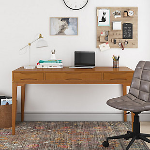 Combine contemporary style and function with this desk crafted of solid hardwood. Generous in size, it offers a spacious desktop surface and includes a keyboard tray for added convenience, while two notched-handle drawers provide plenty of space for small office supplies. Working from your home office or den never felt so good.DIMENSIONS: 26" D x 60" W x 31.5" H | Handcrafted using the finest quality solid rubberwood hardwood | Hand-finished with a Teak Brown stain and a protective NC lacquer to accentuate and highlight the grain and the uniqueness of each piece of furniture | Multipurpose desk adds function and style without overwhelming the space. Looks great in your living room, family room, home office, bedroom or condo. Provides plenty of space for office work, studying, writing or gaming | Features a flip down pull-out keyboard tray  and two (2) notched handle drawers with metal drawer glides | Contemporary twist on a mid-century design | Assembly required | We believe in creating excellent, high quality products made from the finest materials at an affordable price. Every one of our products come with a 1-year warranty and easy returns if you are not satisfied.