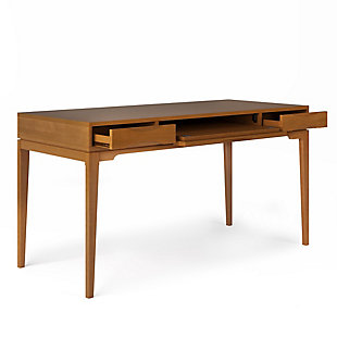 Combine contemporary style and function with this desk crafted of solid hardwood. Generous in size, it offers a spacious desktop surface and includes a keyboard tray for added convenience, while two notched-handle drawers provide plenty of space for small office supplies. Working from your home office or den never felt so good.DIMENSIONS: 26" D x 60" W x 31.5" H | Handcrafted using the finest quality solid rubberwood hardwood | Hand-finished with a Teak Brown stain and a protective NC lacquer to accentuate and highlight the grain and the uniqueness of each piece of furniture | Multipurpose desk adds function and style without overwhelming the space. Looks great in your living room, family room, home office, bedroom or condo. Provides plenty of space for office work, studying, writing or gaming | Features a flip down pull-out keyboard tray  and two (2) notched handle drawers with metal drawer glides | Contemporary twist on a mid-century design | Assembly required | We believe in creating excellent, high quality products made from the finest materials at an affordable price. Every one of our products come with a 1-year warranty and easy returns if you are not satisfied.