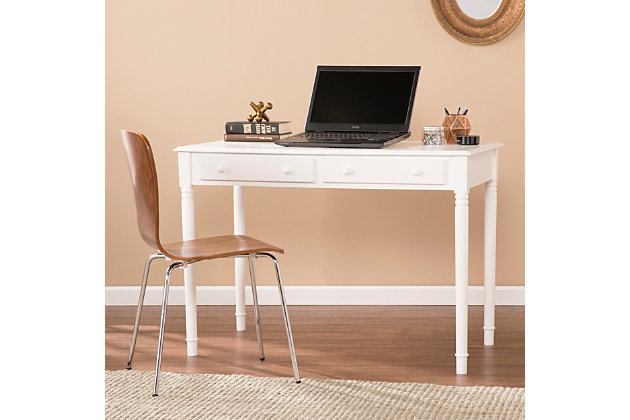 Looking great from center stage is this country chic home office desk. White finish over wood is delightfully crisp. Carved spindle leg details are timeless. Store away stationery in two front drawers with color matched knobs.Made of wood and engineered wood | Crisp white finish | 2 drawers | Assembly required | Assembly time frame is 15 to 30 min.