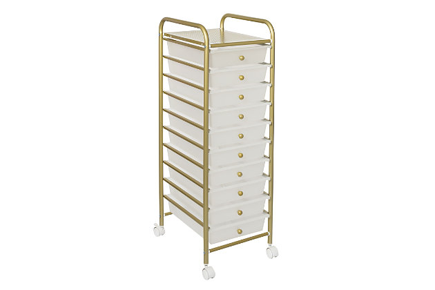This ten-drawer goldtone storage cart on wheels makes working from home a breeze. The drawers are aplenty and sturdy, and the tabletop gives you additional work space. Slick wheels move the cart around your house without scuffing the floors. If you’re not the desk job type, this cart doubles as the ideal crafting cart where you can hold sewing essentials and other supplies. Its bold goldtone finish makes a statement in any room.Made of metal and plastic | Frame with goldtone metallic finish | 10 clear plastic drawers with goldtone knobs | 4 locking casters for mobility and extra stability | Assembly required