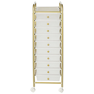 This ten-drawer goldtone storage cart on wheels makes working from home a breeze. The drawers are aplenty and sturdy, and the tabletop gives you additional work space. Slick wheels move the cart around your house without scuffing the floors. If you’re not the desk job type, this cart doubles as the ideal crafting cart where you can hold sewing essentials and other supplies. Its bold goldtone finish makes a statement in any room.Made of metal and plastic | Frame with goldtone metallic finish | 10 clear plastic drawers with goldtone knobs | 4 locking casters for mobility and extra stability | Assembly required