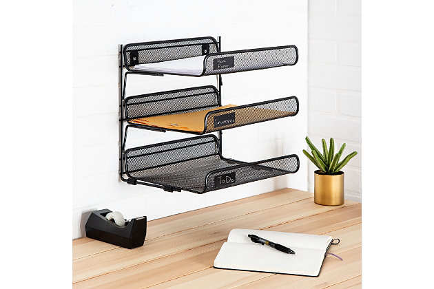 Keep your desk clutter free with this three-tier organizer. It offers plenty of space for sorting papers without overtaking your precious desk space, and can be wall mounted if needed.Made of steel wire mesh | Black finish | 3 tiers | Desktop or wall mount | No assembly required