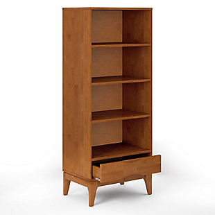Display your favorite books and keepsakes in the Harper bookcase with storage. This bookcase is crafted of rubberwood with a rich walnut brown finish. It was designed for convenience and versatility, with four shelves and a notched handle drawer providing the ultimate solution for all your storage needs. Tapered legs deliver a clean-lined, contemporary feel to your living room, family room or home office.DIMENSIONS: 16" D x 24" W x 60" H | Handcrafted using the finest quality solid rubberwood hardwood | Hand-finished with a Teak Brown stain and a protective NC lacquer to accentuate and highlight the grain and the uniqueness of each piece of furniture | Features a spacious drawer with notched handles for storage and four (4) large shelves, three (3) adjustable | Multi-Functional can be used in living room, family room, home office or bedroom | Style evokes an era long past with its Mid-Century Modern style roots and retro design elements | Assembly Required | We believe in creating excellent, high quality products made from the finest materials at an affordable price. Every one of our products come with a 1-year warranty and easy returns if you are not satisfied.