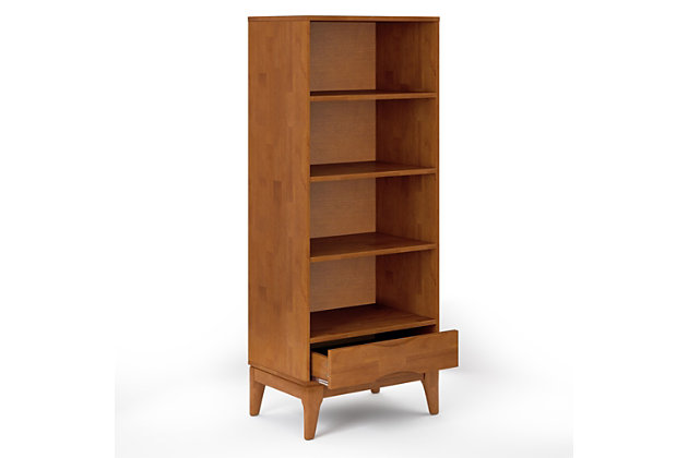 Display your favorite books and keepsakes in the Harper bookcase with storage. This bookcase is crafted of rubberwood with a rich walnut brown finish. It was designed for convenience and versatility, with four shelves and a notched handle drawer providing the ultimate solution for all your storage needs. Tapered legs deliver a clean-lined, contemporary feel to your living room, family room or home office.DIMENSIONS: 16" D x 24" W x 60" H | Handcrafted using the finest quality solid rubberwood hardwood | Hand-finished with a Teak Brown stain and a protective NC lacquer to accentuate and highlight the grain and the uniqueness of each piece of furniture | Features a spacious drawer with notched handles for storage and four (4) large shelves, three (3) adjustable | Multi-Functional can be used in living room, family room, home office or bedroom | Style evokes an era long past with its Mid-Century Modern style roots and retro design elements | Assembly Required | We believe in creating excellent, high quality products made from the finest materials at an affordable price. Every one of our products come with a 1-year warranty and easy returns if you are not satisfied.