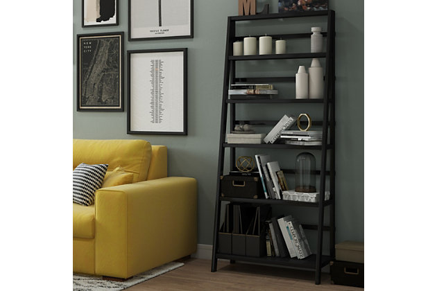 Sometimes a room calls for a light and airy touch. The Acadian bookcase is easy to assemble, easy to install and beautiful to behold. It can be used alone or in multiples to create a complete wall storage system. With its five shelves, this ladder shelf is designed to provide flexible storage for books, curios, accessories, sculptures or decorative accents. Perfect for living rooms, offices, bedrooms, hallways and family rooms.DIMENSIONS: 16"D x 30" W x 72"H | Handcrafted with care using the finest quality solid wood | Hand-finished with a Black Finish and a protective NC lacquer | Features five (5) wide shelves to offer ample room for storage | Multipurpose  unit offers plenty of functional storage. Looks great in your living room, bedroom, condo or office | Transitional Style, created to be used on its own or in multiples to create full wall shelving systems | Assembly required | We believe in creating excellent, high quality products made from the finest materials at an affordable price. Every one of our products come with a 1-year warranty and easy returns if you are not satisfied.