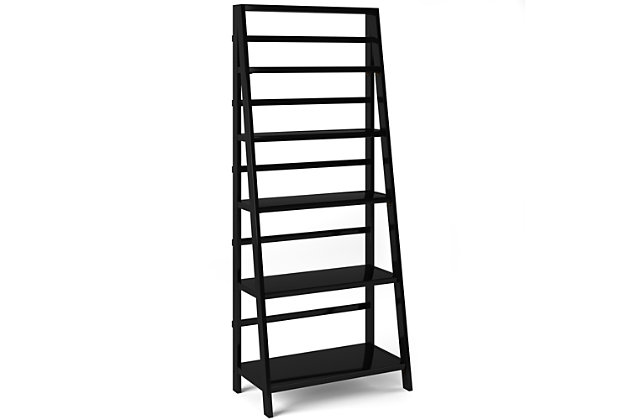 Sometimes a room calls for a light and airy touch. The Acadian bookcase is easy to assemble, easy to install and beautiful to behold. It can be used alone or in multiples to create a complete wall storage system. With its five shelves, this ladder shelf is designed to provide flexible storage for books, curios, accessories, sculptures or decorative accents. Perfect for living rooms, offices, bedrooms, hallways and family rooms.DIMENSIONS: 16"D x 30" W x 72"H | Handcrafted with care using the finest quality solid wood | Hand-finished with a Black Finish and a protective NC lacquer | Features five (5) wide shelves to offer ample room for storage | Multipurpose  unit offers plenty of functional storage. Looks great in your living room, bedroom, condo or office | Transitional Style, created to be used on its own or in multiples to create full wall shelving systems | Assembly required | We believe in creating excellent, high quality products made from the finest materials at an affordable price. Every one of our products come with a 1-year warranty and easy returns if you are not satisfied.