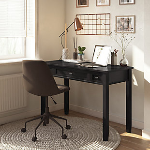 Shake things up in a timeless, classic way with this Shaker-style writing office desk by Simpli Home. Handcrafted and beautified with a hickory brown finish, this richly rustic desk offers a generous surface area that can accommodate a monitor and laptop, with room to spare. It features a pull-out keyboard tray behind a flip-down Shaker-style drawer front, plus two side drawers for additional storage space.DIMENSIONS: 20" D x 48" W x 31.5" H | Handcrafted with care using the finest quality solid wood | Hand-finished with a Hickory Brown stain and protective NC lacquer to accentuate and highlight the grain and the uniqueness of each piece of furniture | Multipurpose desk adds function and style without overwhelming the space. Looks great in your living room, family room, home office, bedroom or condo. Provides plenty of space for office work, studying, writing or gaming | Features two side storage drawers with metal drawer glides and a flip down central drawer front with internal keyboard tray | Transitional Style features shaker style drawers, Brushed Nickel knobs, square tapered legs and square edged table top | Assembly Required | We believe in creating excellent, high quality products made from the finest materials at an affordable price. Every one of our products come with a 1-year warranty and easy returns if you are not satisfied.