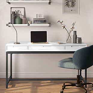 Get down to work in a high-style way with this modern industrial desk by Simpli Home. A striking example of mixed-material design, it simply wows with a richly grained wood top beautified with a crisp white finish. An ultra-linear black metal base provides sturdy support and a sleek aesthetic. Adding to this home desk’s streamlined appeal: subtle cutouts in lieu of traditional drawer pulls for a less-is-more sensibility.DIMENSIONS: 24" D x 72" W x 31.5" H | Handcrafted with care using the finest quality solid Rubberwood and 1.2 inch Blackened Metal | Hand-finished in White and a protective NC lacquer to accentuate and highlight the grain and the uniqueness of each piece of furniture | Multipurpose desk adds function and style without overwhelming the space. Looks great in your living room, family room, home office, bedroom or condo. Provides plenty of space for office work, studying, writing or gaming | Features: two notched handle side drawers with ball bearing drawer glides and one center flip down drawer/keyboard tray | Modern Industrial style includes metal frame and legs | Assembly Required | We believe in creating excellent, high quality products made from the finest materials at an affordable price. Every one of our products come with a 1-year warranty and easy returns if you are not satisfied.