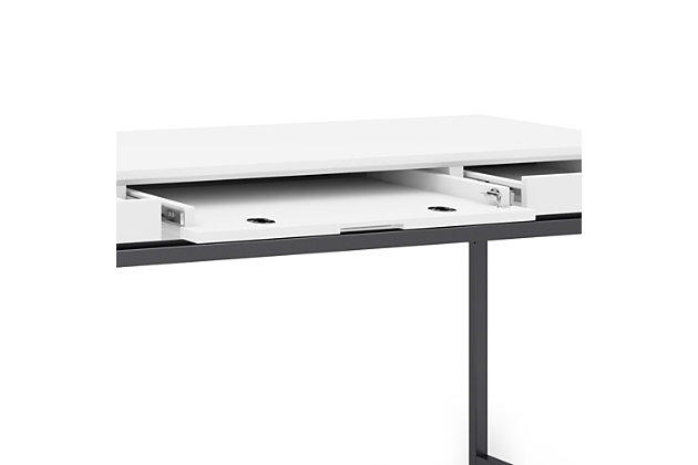 Get down to work in a high-style way with this modern industrial desk by Simpli Home. A striking example of mixed-material design, it simply wows with a richly grained wood top beautified with a crisp white finish. An ultra-linear black metal base provides sturdy support and a sleek aesthetic. Adding to this home desk’s streamlined appeal: subtle cutouts in lieu of traditional drawer pulls for a less-is-more sensibility.DIMENSIONS: 24" D x 72" W x 31.5" H | Handcrafted with care using the finest quality solid Rubberwood and 1.2 inch Blackened Metal | Hand-finished in White and a protective NC lacquer to accentuate and highlight the grain and the uniqueness of each piece of furniture | Multipurpose desk adds function and style without overwhelming the space. Looks great in your living room, family room, home office, bedroom or condo. Provides plenty of space for office work, studying, writing or gaming | Features: two notched handle side drawers with ball bearing drawer glides and one center flip down drawer/keyboard tray | Modern Industrial style includes metal frame and legs | Assembly Required | We believe in creating excellent, high quality products made from the finest materials at an affordable price. Every one of our products come with a 1-year warranty and easy returns if you are not satisfied.