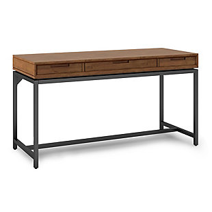 Get down to work in a high-style way with this modern industrial desk by Simpli Home. A striking example of mixed-material design, it simply wows with a richly grained wood top beautified with a saddle brown finish. An ultra-linear black metal base provides sturdy support and a sleek aesthetic. Adding to this home desk’s streamlined appeal: subtle cutouts in lieu of traditional drawer pulls for a less-is-more sensibility.DIMENSIONS: 24" d x 60" w x 31.5" h | Handcrafted with care using the finest quality solid Rubberwood and 1.2 inch Blackened Metal | Hand-finished in Medium Saddle Brown Stain and a protective NC lacquer to accentuate and highlight the grain and the uniqueness of each piece of furniture | Multipurpose desk adds function and style without overwhelming the space. Looks great in your living room, family room, home office, bedroom or condo. Provides plenty of space for office work, studying, writing or gaming | Features: two notched handle side drawers with ball bearing drawer glides and one center flip down drawer/keyboard tray | Modern Industrial style includes metal frame and legs | Assembly Required | We believe in creating excellent, high quality products made from the finest materials at an affordable price. Every one of our products come with a 1-year warranty and easy returns if you are not satisfied.
