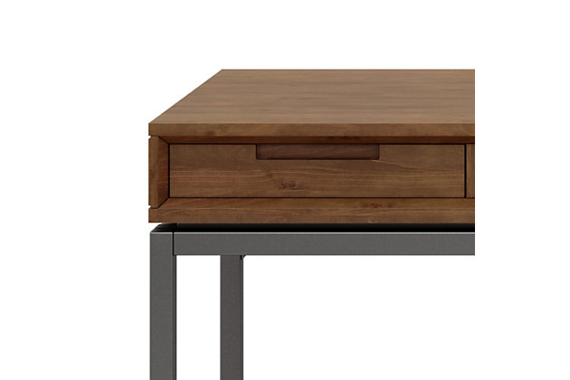 Get down to work in a high-style way with this modern industrial desk by Simpli Home. A striking example of mixed-material design, it simply wows with a richly grained wood top beautified with a saddle brown finish. An ultra-linear black metal base provides sturdy support and a sleek aesthetic. Adding to this home desk’s streamlined appeal: subtle cutouts in lieu of traditional drawer pulls for a less-is-more sensibility.DIMENSIONS: 24" d x 60" w x 31.5" h | Handcrafted with care using the finest quality solid Rubberwood and 1.2 inch Blackened Metal | Hand-finished in Medium Saddle Brown Stain and a protective NC lacquer to accentuate and highlight the grain and the uniqueness of each piece of furniture | Multipurpose desk adds function and style without overwhelming the space. Looks great in your living room, family room, home office, bedroom or condo. Provides plenty of space for office work, studying, writing or gaming | Features: two notched handle side drawers with ball bearing drawer glides and one center flip down drawer/keyboard tray | Modern Industrial style includes metal frame and legs | Assembly Required | We believe in creating excellent, high quality products made from the finest materials at an affordable price. Every one of our products come with a 1-year warranty and easy returns if you are not satisfied.