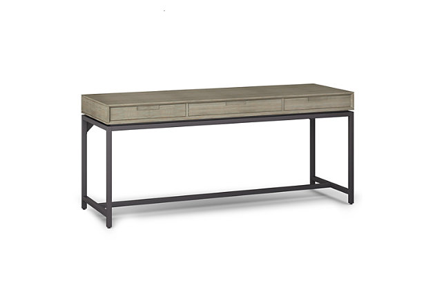 Get down to work in a high-style way with this modern industrial desk by Simpli Home. A striking example of mixed-material design, it simply wows with a richly grained wood top beautified with a distressed gray finish. An ultra-linear black metal base provides sturdy support and a sleek aesthetic. Adding to this home desk’s streamlined appeal: subtle cutouts in lieu of traditional drawer pulls for a less-is-more sensibility.DIMENSIONS: 24" D x 72" W x 31.5" H | Handcrafted with care using the finest quality solid Rubberwood and 1.2 inch Blackened Metal | Hand-finished in Distressed Grey and a protective NC lacquer to accentuate and highlight the grain and the uniqueness of each piece of furniture | Multipurpose desk adds function and style without overwhelming the space. Looks great in your living room, family room, home office, bedroom or condo. Provides plenty of space for office work, studying, writing or gaming | Features: two notched handle side drawers with ball bearing drawer glides and one center flip down drawer/keyboard tray | Modern Industrial style includes metal frame and legs | Assembly Required | We believe in creating excellent, high quality products made from the finest materials at an affordable price. Every one of our products come with a 1-year warranty and easy returns if you are not satisfied.