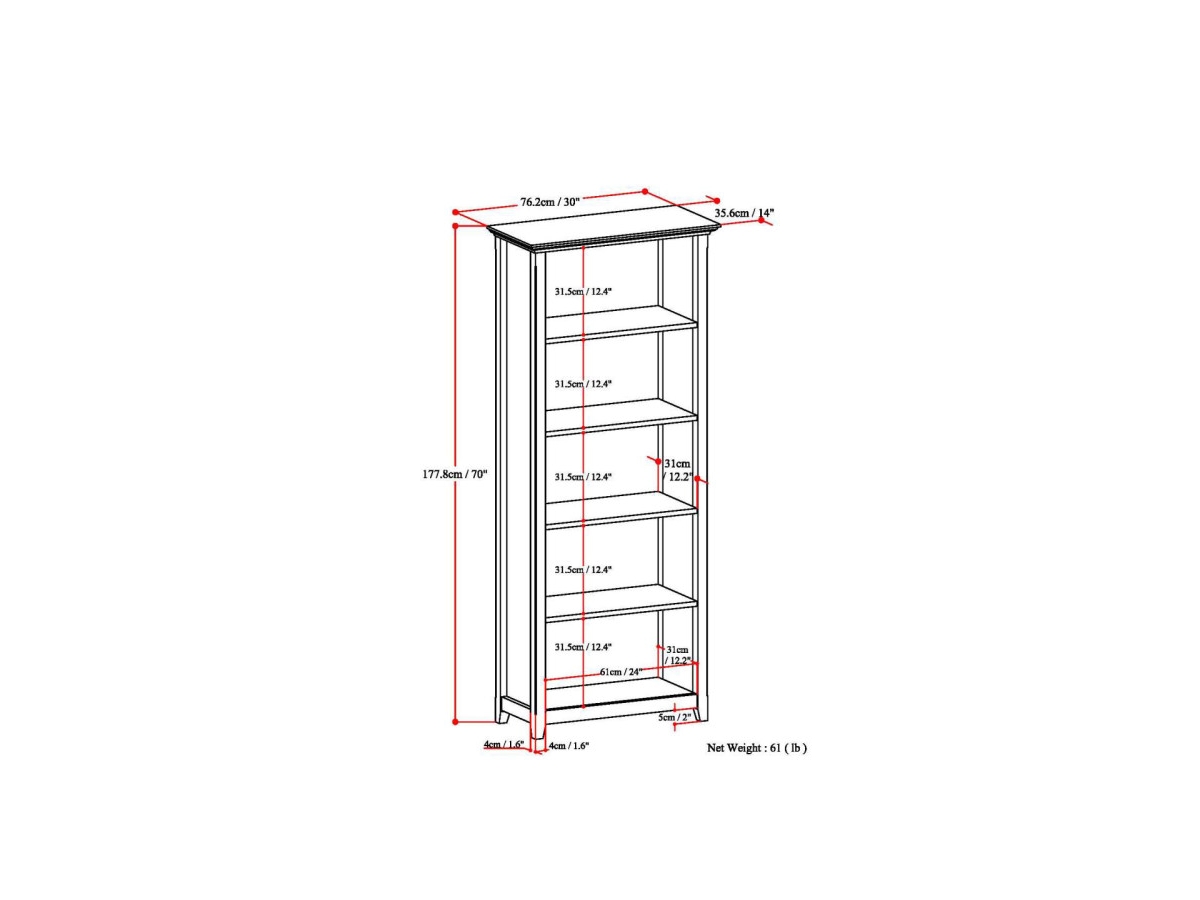 Amherst Solid Wood 70" Transitional 5 Shelf Bookcase, Russet Brown, large
