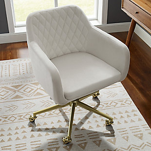 With its elegant, contemporary styling, this low-profile swivel office chair brings a highly tailored look to any home office. Distinctive elements include comfortably padded seating, contoured arms and an easy-clean fabric featuring a quilted pattern on the seat back. Adding to its appeal: a sturdy metal silvertone base, rolling casters for easy mobility, and an adjustable-height seat with tilt mechanism to work with you.Goldtone metal base with black double-wheel casters | Soft off-white upholstery with quilted back | Padded seat, back and arms keep you comfortable while you work | Tilt mechanism with locking option | Seat height adjusts from 17" to 21" | Weight capacity 300 lbs. | 360-degree swivel | Assembly required