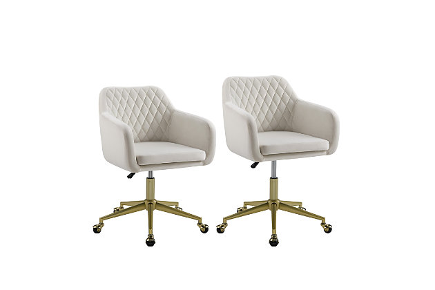 With its elegant, contemporary styling, this low-profile swivel office chair brings a highly tailored look to any home office. Distinctive elements include comfortably padded seating, contoured arms and an easy-clean fabric featuring a quilted pattern on the seat back. Adding to its appeal: a sturdy metal silvertone base, rolling casters for easy mobility, and an adjustable-height seat with tilt mechanism to work with you.Goldtone metal base with black double-wheel casters | Soft off-white upholstery with quilted back | Padded seat, back and arms keep you comfortable while you work | Tilt mechanism with locking option | Seat height adjusts from 17" to 21" | Weight capacity 300 lbs. | 360-degree swivel | Assembly required