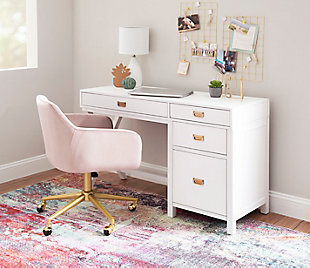 With its elegant, contemporary styling, this low-profile swivel office chair brings a highly tailored look to any home office. Distinctive elements include comfortably padded seating, contoured arms and an easy-clean fabric featuring a quilted pattern on the seat back. Adding to its appeal: a sturdy metal silvertone base, rolling casters for easy mobility, and an adjustable-height seat with tilt mechanism to work with you.Goldtone metal base with black double-wheel casters | Soft pink upholstery with quilted back | Padded seat, back and arms keep you comfortable while you work | Tilt mechanism with locking option | Seat height adjusts from 17" to 21" | Weight capacity 300 lbs. | 360-degree swivel | Assembly required