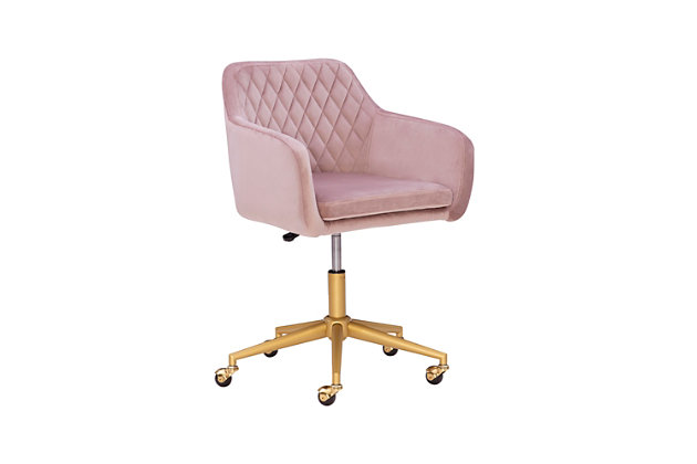 With its elegant, contemporary styling, this low-profile swivel office chair brings a highly tailored look to any home office. Distinctive elements include comfortably padded seating, contoured arms and an easy-clean fabric featuring a quilted pattern on the seat back. Adding to its appeal: a sturdy metal silvertone base, rolling casters for easy mobility, and an adjustable-height seat with tilt mechanism to work with you.Goldtone metal base with black double-wheel casters | Soft pink upholstery with quilted back | Padded seat, back and arms keep you comfortable while you work | Tilt mechanism with locking option | Seat height adjusts from 17" to 21" | Weight capacity 300 lbs. | 360-degree swivel | Assembly required