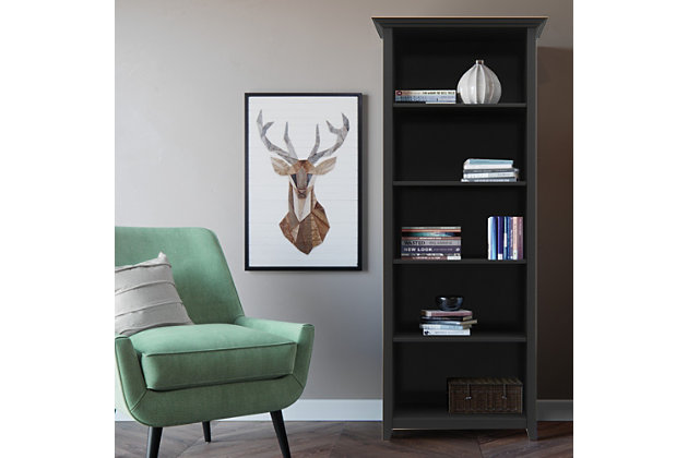 With a modern design, this handsome wood bookcase includes five shelves for displaying photo frames and keepsakes, plus two drawers for storing books, papers and other things that need to be easily accessible. Tapered legs and a molded top are enhanced by a rich dark brown finish, making this bookcase as eye-catching as the treasured items displayed on it.Made of wood | Solid pine in black finish with protective lacquer | 4 adjustable shelves and 1 fixed shelf | Tapered legs and molded crown-edged top | Assembly required