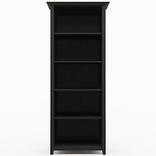 With a modern design, this handsome wood bookcase includes five shelves for displaying photo frames and keepsakes, plus two drawers for storing books, papers and other things that need to be easily accessible. Tapered legs and a molded top are enhanced by a rich dark brown finish, making this bookcase as eye-catching as the treasured items displayed on it.Made of wood | Solid pine in black finish with protective lacquer | 4 adjustable shelves and 1 fixed shelf | Tapered legs and molded crown-edged top | Assembly required