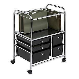 Work from home freed you from the office. This rolling file cart will free you from your desk. Whether you’re working in the dining room, curled up on the couch or lounging in bed, this storage cart goes with you. Hanging file folders can perch on top, ideal for documents you need quickly. Five drawers have ample room to keep everything else you need—such as pens, notebooks and midday snacks—close at hand. Locking wheels keep everything stable.Metal frame | Five plastic drawers with plenty of space | Locking wheels | Goes where you go | Assembly required