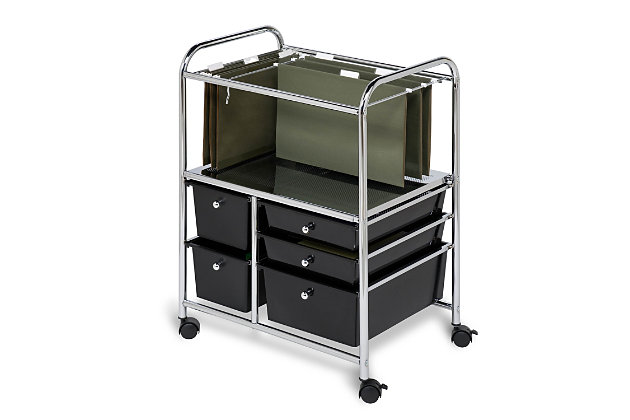 Work from home freed you from the office. This rolling file cart will free you from your desk. Whether you’re working in the dining room, curled up on the couch or lounging in bed, this storage cart goes with you. Hanging file folders can perch on top, ideal for documents you need quickly. Five drawers have ample room to keep everything else you need—such as pens, notebooks and midday snacks—close at hand. Locking wheels keep everything stable.Metal frame | Five plastic drawers with plenty of space | Locking wheels | Goes where you go | Assembly required