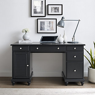 Classic multi-functional design and ample storage are hallmarks of the palmetto computer desk. Featuring a drop-down keyboard tray and a cabinet for your computer tower, this desk creates a modern workstation. Three storage drawers keep your home office organized, while the large file cabinet drawer keeps documents tidy and close at hand. With decorative elements like turned feet and louvered accents, the palmetto computer desk brings style wherever it goes.Made of wood and engineered wood | Black finish | Brushed-nickel finish hardware | Four full-extension storage drawers on ball-bearing glides | Large file cabinet drawer with rails for hanging files | Side cabinet provides storage for a computer tower | Cutout in side of cabinet for cable management | Center drawer has hinged door for use as a keyboard tray | Assembly required