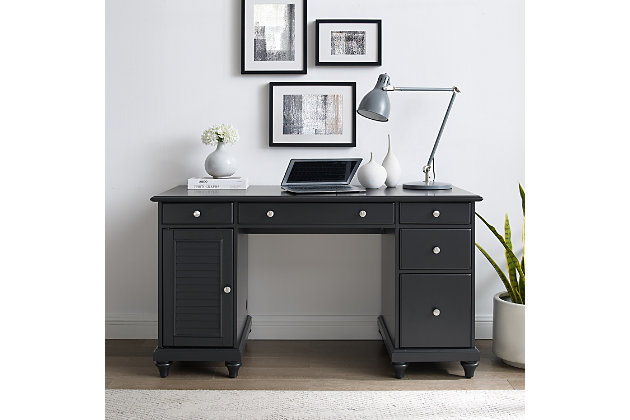 Classic multi-functional design and ample storage are hallmarks of the palmetto computer desk. Featuring a drop-down keyboard tray and a cabinet for your computer tower, this desk creates a modern workstation. Three storage drawers keep your home office organized, while the large file cabinet drawer keeps documents tidy and close at hand. With decorative elements like turned feet and louvered accents, the palmetto computer desk brings style wherever it goes.Made of wood and engineered wood | Black finish | Brushed-nickel finish hardware | Four full-extension storage drawers on ball-bearing glides | Large file cabinet drawer with rails for hanging files | Side cabinet provides storage for a computer tower | Cutout in side of cabinet for cable management | Center drawer has hinged door for use as a keyboard tray | Assembly required