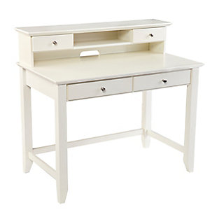 Give your study space a redesign with this cream-colored writing desk. Its four drawers and two open compartments keep notebooks and writing utensils close at hand, while an elevated top provides a home for a desk lamp or books. The desk's small, space-friendly footprint ensures you maximize your workspace. Incorporate it into your home office for style that makes the grade.Made of wood and engineered wood | Small-space friendly | Features 4 drawers and 2 display storage compartments | Assembly required | Assembly time frame is 45 to 60 min.