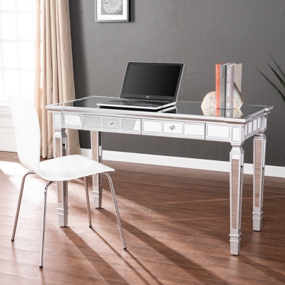 Southern Enterprises Furniture Wellax Glam Mirrored Writing Desk with Drawers, Matte Silver