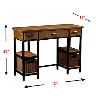 Stop at the crossroads of farmhouse and industrial style and pick up a rattan basket along the way with this unique desk. Its weathered look contrasts with a matte black frame, and apothecary-style handles add an alchemist touch. Storage abounds with shelves, baskets and drawers, while the sweeping desktop leaves plenty of room for monitors, office supplies, and working space. Turn your home office into a mixed-media haven, or place this eclectically cool piece in an eat-in kitchen for a fun storage option.Made of engineered wood, engineered veneers and metal | Two-tone design | Matte black frame | Broad workspace, 2 baskets, 4 fixed shelves, 2 drawers and 1 keyboard/accessory drawer | Apothecary-style drawer pulls | Assembly required | Assembly time frame is 15 to 30 min.