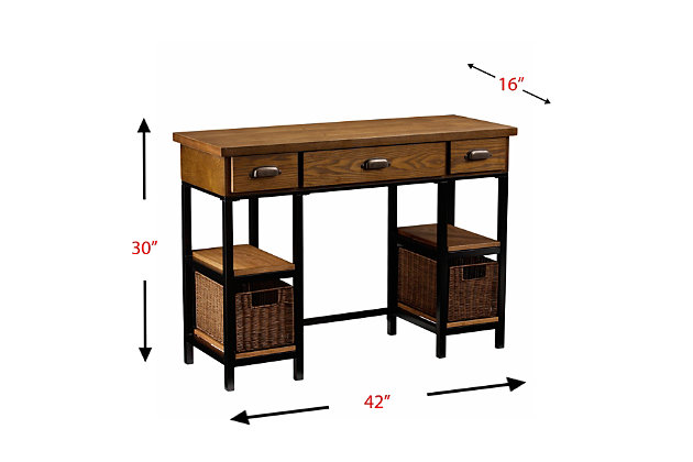Stop at the crossroads of farmhouse and industrial style and pick up a rattan basket along the way with this unique desk. Its weathered look contrasts with a matte black frame, and apothecary-style handles add an alchemist touch. Storage abounds with shelves, baskets and drawers, while the sweeping desktop leaves plenty of room for monitors, office supplies, and working space. Turn your home office into a mixed-media haven, or place this eclectically cool piece in an eat-in kitchen for a fun storage option.Made of engineered wood, engineered veneers and metal | Two-tone design | Matte black frame | Broad workspace, 2 baskets, 4 fixed shelves, 2 drawers and 1 keyboard/accessory drawer | Apothecary-style drawer pulls | Assembly required | Assembly time frame is 15 to 30 min.