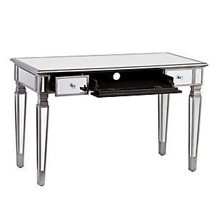 Be fabulous in life and work. Design the perfect lifestyle with this statement-making mirrored desk. Quickly clear your workstation with a pull-out drawer and reveal convenient storage for your keyboard and mouse. Anchoring drawers keep office supplies and mail in their place, and silvertone borders and tapered legs add interesting angles to your home office story. From your dressing area to the home office, this desk works as hard as you do.Made of wood, engineered wood and mirrors | Brushed matte silver color | Fully mirrored for placement anywhere | 2 drawers with crystal embellished knobs; locking keyboard tray | Ample storage; felt-lined drawers protect valuables | Use as a workstation or vanity desk | Assembly required | Assembly time frame is 15 to 30 min.