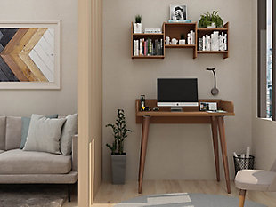 Get work done in style and clock in those hours while comfortably seated at your stylish new Hampton home office desk. Classic mid-century style meets artful design, with splayed wooden legs and a seamless silhouette. This piece can easily blend into a home office or rest in a bedroom corner without overtaking or distracting from the space. Plug in your laptop, open the journal, line up your pens and check off all your goals.Accommodates most flat-panel tvs up to 32" | Rounded framed top board design | Brown painted finish | Finished back | Splayed legs made from solid wood for extra durability | Made with engineered wood | Assembly required
