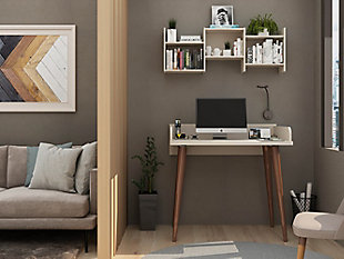 Get work done in style and clock in those hours while comfortably seated at your stylish new Hampton home office desk. Classic mid-century style meets artful design, with splayed wooden legs and a seamless silhouette. This piece can easily blend into a home office or rest in a bedroom corner without overtaking or distracting from the space. Plug in your laptop, open the journal, line up your pens and check off all your goals.Accommodates most flat-panel tvs up to 32" | Rounded framed top board design | White painted finish | Finished back | Splayed legs made from solid wood for extra durability | Made with engineered wood | Assembly required