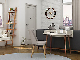 Get work done in style and clock in those hours while comfortably seated at your stylish new Hampton home office desk. Classic mid-century style meets artful design, with splayed wooden legs and a seamless silhouette. This piece can easily blend into a home office or rest in a bedroom corner without overtaking or distracting from the space. Plug in your laptop, open the journal, line up your pens and check off all your goals.Accommodates most flat-panel tvs up to 32" | Rounded framed top board design | White painted finish | Finished back | Splayed legs made from solid wood for extra durability | Made with engineered wood | Assembly required