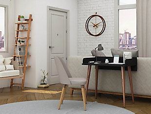 Get work done in style and clock in those hours while comfortably seated at your stylish new Hampton home office desk. Classic mid-century style meets artful design, with splayed wooden legs and a seamless silhouette. This piece can easily blend into a home office or rest in a bedroom corner without overtaking or distracting from the space. Plug in your laptop, open the journal, line up your pens and check off all your goals.Accommodates most flat-panel tvs up to 32" | Rounded framed top board design | Black painted finish | Finished back | Splayed legs made from solid wood for extra durability | Made with engineered wood | Assembly required