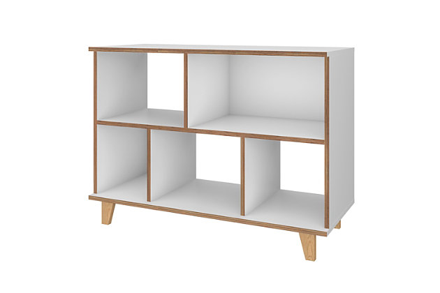 The Minetta bookshelf is a elegant and sophisticated way to store books, travel trinkets and other decor without compromising on mid-century design perfection. Functional with three open shelves and two enclosed spaces, the freestanding bookcase offers ample space for your favorite items. Add some frames up top to spice up this open and airy piece and truly make it your own.Accommodates most flat-panel tvs up to 42" | Includes 3 open shelving spaces and 2 shelves with closed back end | Features all different cubby sizes; cubbies are fixed | White finish | Solid wood splayed legs for fashion and durability | Made with engineered wood | Assembly required